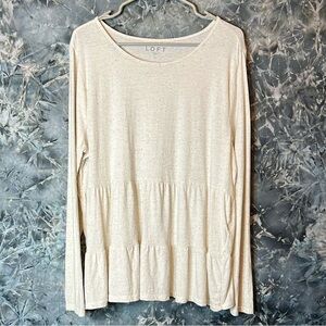 Loft Long Sleeve peplum heathered cream crewneck blouse top L